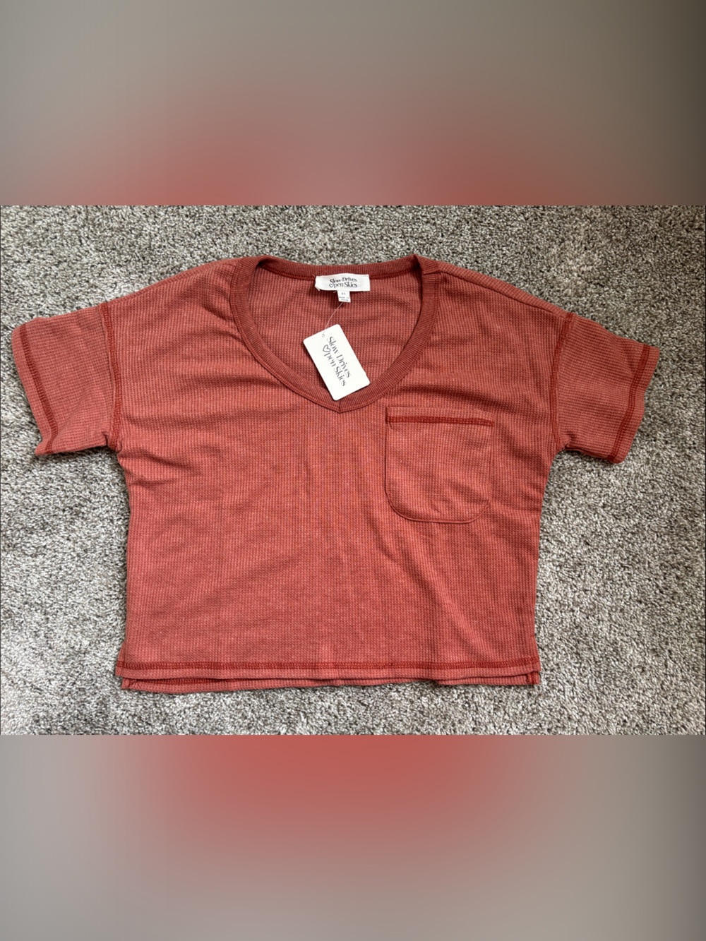 Waffle Knit V-Neck Pocket Tee - Rust